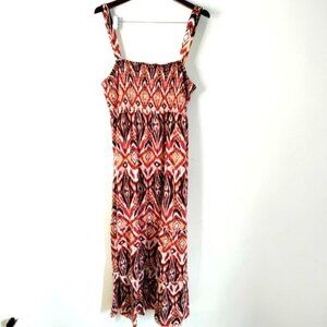 Style & Co Women 2X Maxi Halter Dress Brown Aztec Tiered‎ Boho Beach Cottagecore